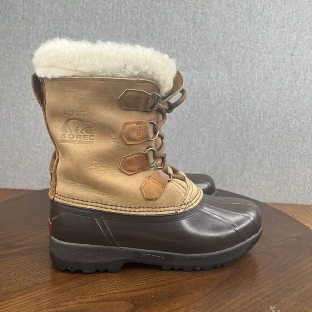 Sorel Alpine Boots Womens Size 7W Brown Leather Shearling Waterproof Snow Winter